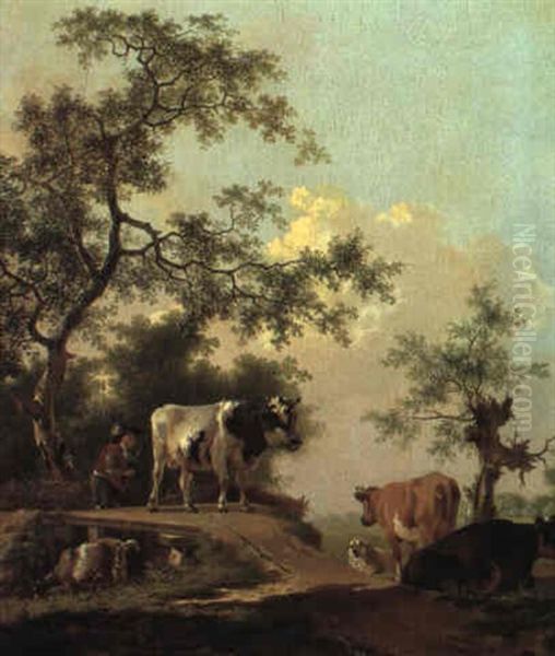 Drover Driving A Bull Over A Bridge Oil Painting by Barend Hendrik Thier