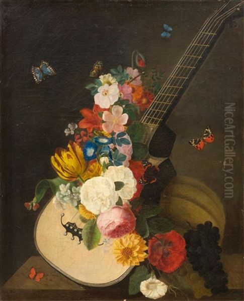 Flower Still-life With Lute And Butterfly Oil Painting by Augustin Alexandre Thierriat De Lyon