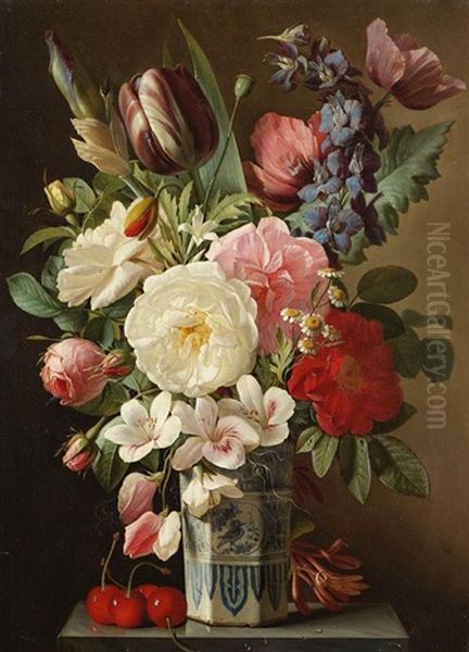 Blumenstillleben Mit Rosen Und Tulpen In Einer Delfter Vase Oil Painting by Augustin Alexandre Thierriat De Lyon