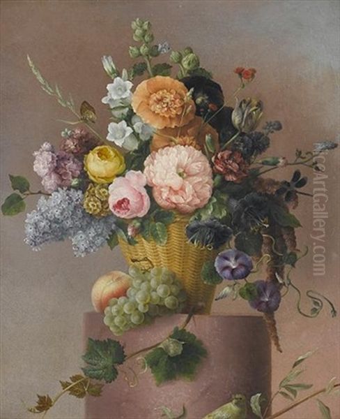 Roses, Morning Glory, Carnations, Stocks, Auriculas And Other Flowers In A Basket On A Stone Edge With Grapes And A Peach, A Greenfinch On A Branch Below Oil Painting by Augustin Alexandre Thierriat De Lyon