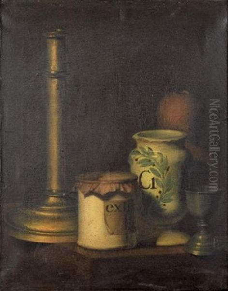 Nature Morte Aux Pots A Pharmacie Oil Painting by Augustin Alexandre Thierriat De Lyon