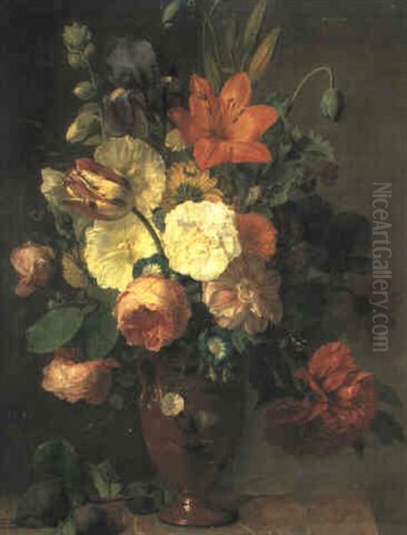 Bouquet De Fleurs Sur Un Entablement En Marbre Oil Painting by Augustin Alexandre Thierriat De Lyon