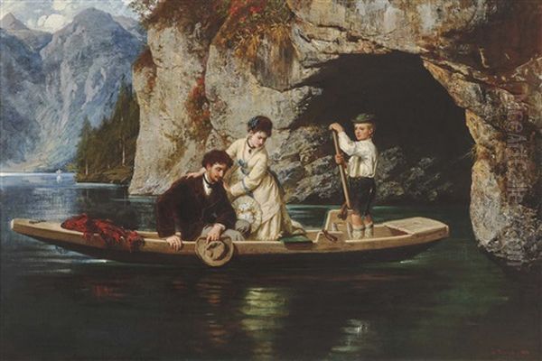 Young Couple With A Fishing Boy In A Barge On A Mountain Lake (konigssee?) Oil Painting by Ludwig Thiersch