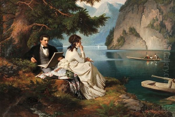 Elegant Couple Sketching And Reading By A Lake Oil Painting by Ludwig Thiersch