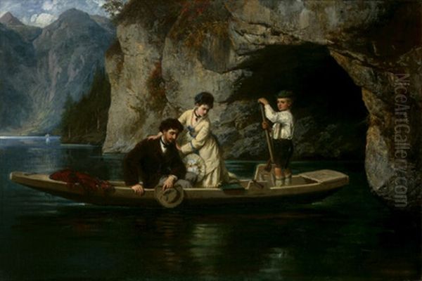 Unergrundlich (junges Paar Mit Einem Fischerknaben In Einem Kahn Auf Einem Gebirgssee) Oil Painting by Ludwig Thiersch