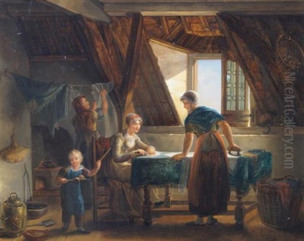 Interior With Woman Doing The Ironing And A Child Oil Painting by Jean Francois Thijs