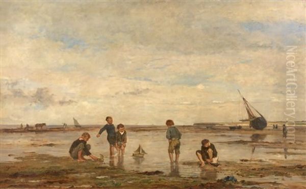 Enfants Jouant En Bord De Mer Oil Painting by Alexandre Thiollet