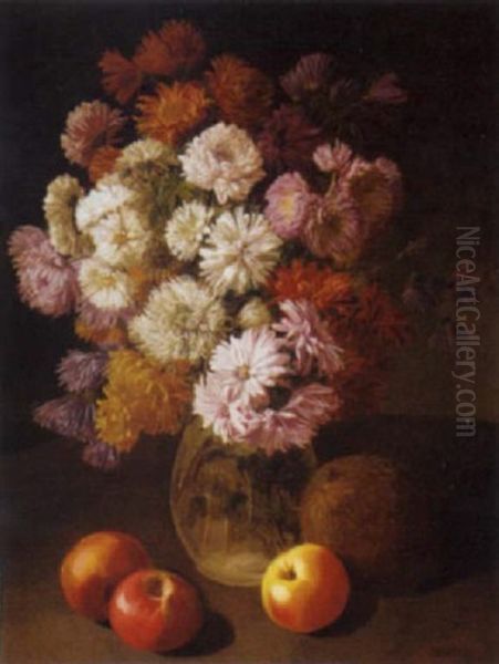 Chrysanthemums And Dahlias In A Glass Vase And Apples And A Coconut On A Table Oil Painting by Alexandre Thiollet