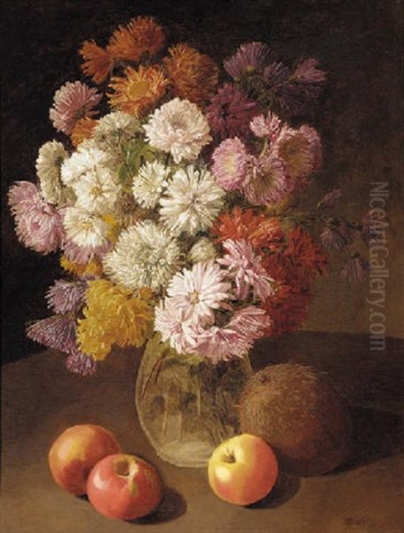 Chrysanthemums And Dahlias In A Glass Vase And Apples And A Coconut On A Table Oil Painting by Alexandre Thiollet