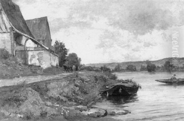 The Path By The River With Cottages Oil Painting by Alexandre Thiollet