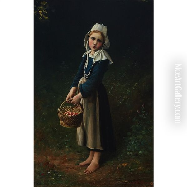 Young Girl With A Basket Of Flowers Oil Painting by Charles Victor Thirion