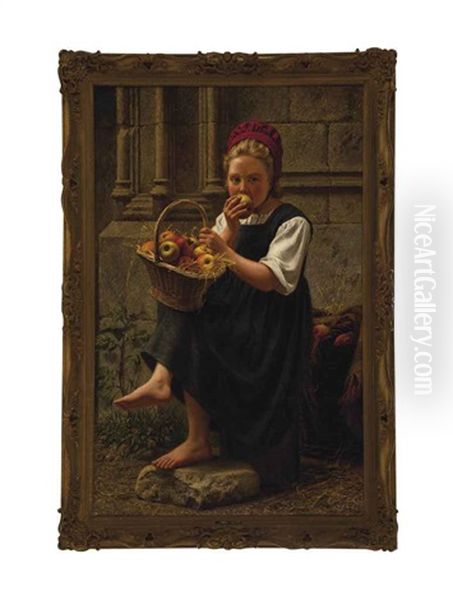 Peasant Girl Eating An Apple Oil Painting by Charles Victor Thirion