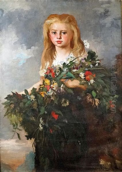 Portrait De Jeune Fille Au Bouquet De Fleurs Des Champs Oil Painting by Eugene Romain Thirion