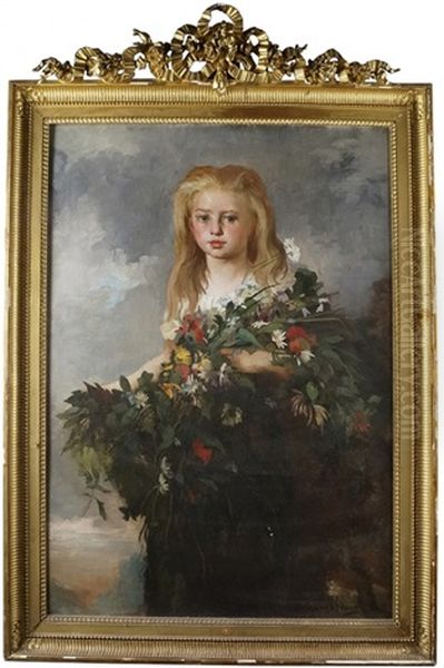 Portrait De Jeune Fille Au Bouquet De Fleurs Des Champs Oil Painting by Eugene Romain Thirion