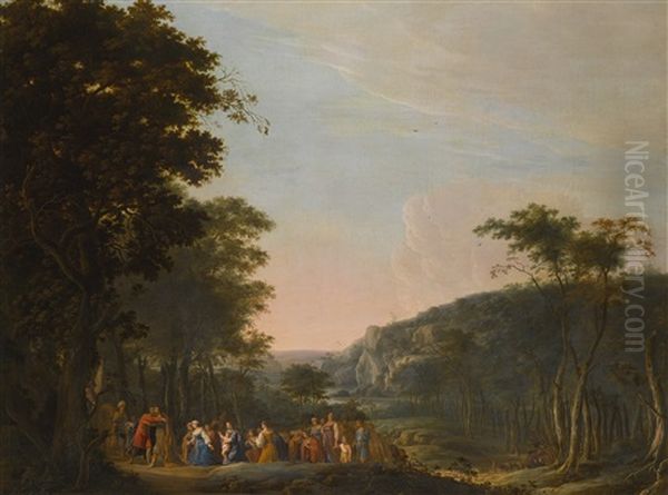 The Reconciliation Of Jacob And Esau, In An Extensive Italianate Landscape Oil Painting by Daniel Jansz Thivart