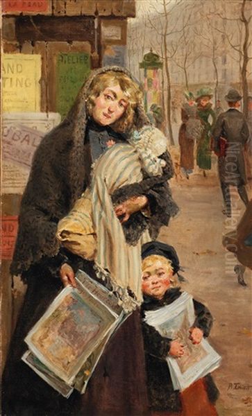 Street Scene With Woman Selling Illustrations Oil Painting by Antoine Auguste Thivet