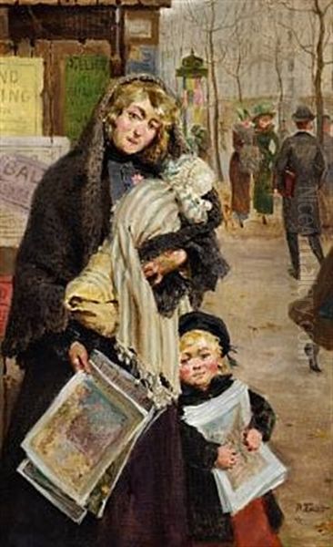 A Young Mother And Her Children Are Selling Journals On A Parisian Boulevard Oil Painting by Antoine Auguste Thivet