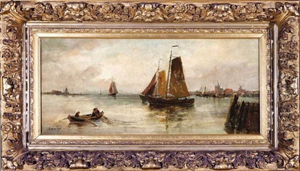 Fishermen And Boats In A Dutch Harbor Oil Painting by Hendrik Otto Van Thol