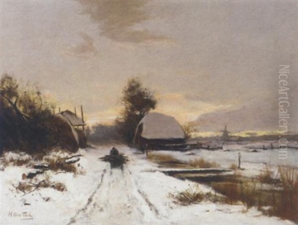 Winter: A Wood Gatherer On A Snow Covered Path At Dusk Oil Painting by Hendrik Otto Van Thol