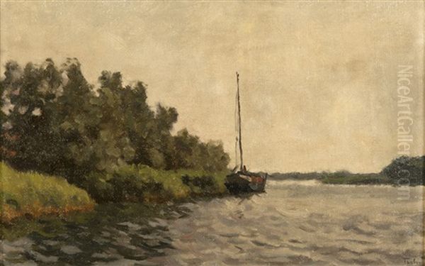 Platbodem Aan De Waterkant Oil Painting by Willem Bastiaan Tholen