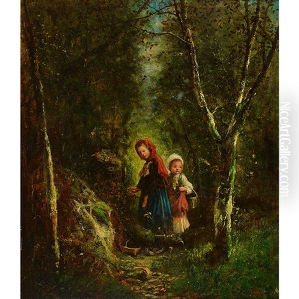 Die Kleinen Reisigsammlerinnen Im Wald Oil Painting by James Crawford Thom