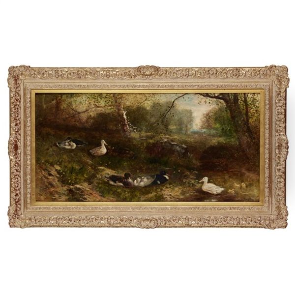 Ducks On A Riverbank Oil Painting by James Crawford Thom