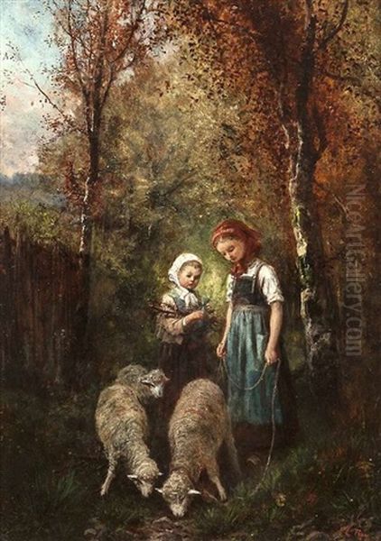 Girls With Sheep In A Woodland (pair) Oil Painting by James Crawford Thom