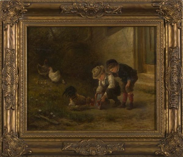 A Handsome Fellow: Children With Rooster Oil Painting by James Crawford Thom