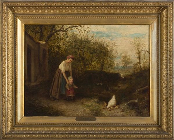 Mother And Child Watching A Hen And Her Chicks Oil Painting by James Crawford Thom