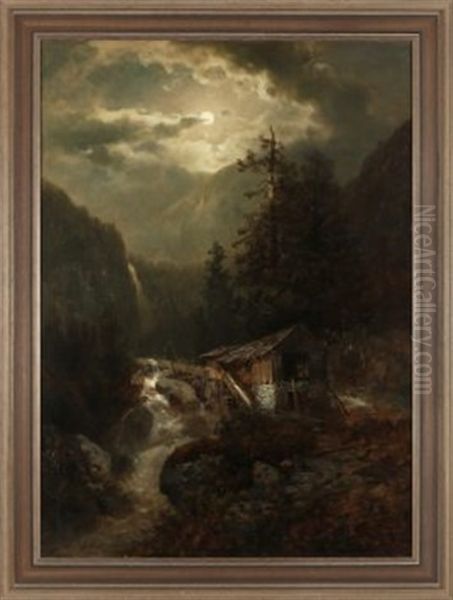 Wassermuhle Im Mondschein Oil Painting by Josef Thoma the Younger