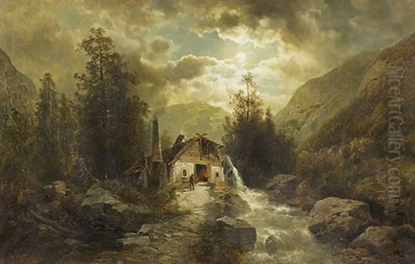 Wassermuhle An Reissendem Bach Oil Painting by Josef Thoma the Younger