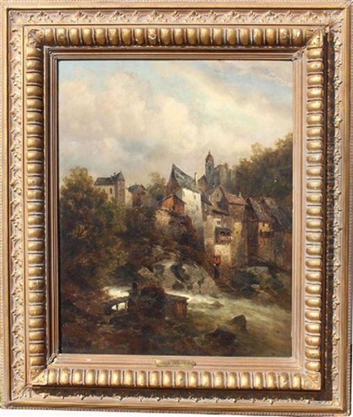 Ainting Of An Alpine Village With Stream Oil Painting by Josef Thoma the Younger