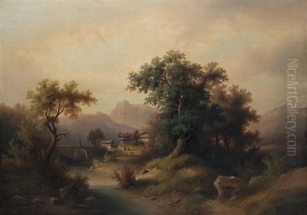 The Oak In Front Of The Mountain Village Oil Painting by Josef Thoma the Younger