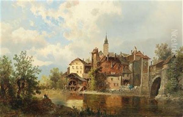 Watermill On A Riverbank By A Town Oil Painting by Josef Thoma the Younger