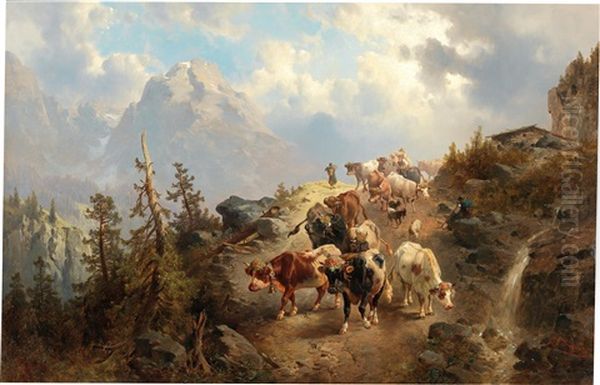 Driving Down The Cattle From The Alps Oil Painting by Josef Thoma the Younger