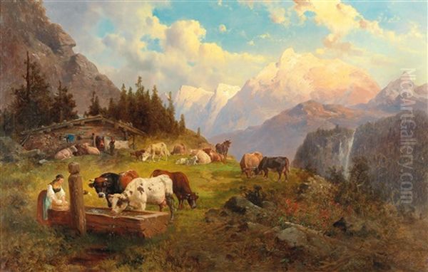 On The Mountain Pasture Oil Painting by Josef Thoma the Younger