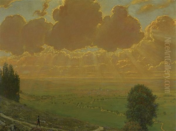 Sunburst Over Sackingen, Black Forest Oil Painting by Hans Thoma