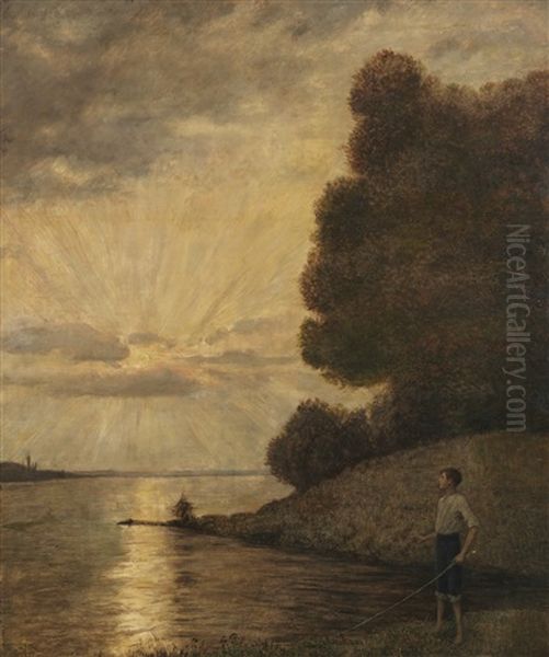 Sonnenuntergang Am Oberrhein Oil Painting by Hans Thoma