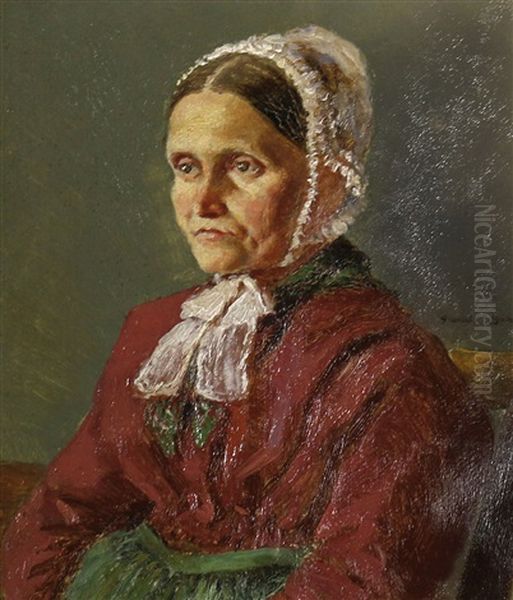 Basle. Portrait Einer Dame Im Rot-grunen Kleid Mit Weiser Haube Oil Painting by Hans Thoma