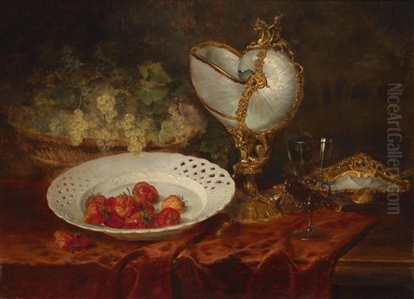 Stillleben Mit Erdbeeren, Ribisel Und Nautiluspokal Oil Painting by Cella Thoma-Hofele