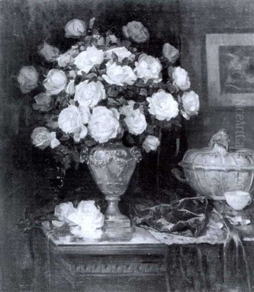 Prunkstilleben Mit Grobem Edelrosenbukett In Siberner       Urnenvase Auf Einer, Von Einerglasplatte Geschutzten Oil Painting by Karl Thoma-Hofele