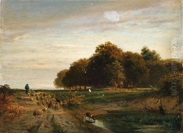 Schafer Mit Seiner Herde An Einem Teich Oil Painting by Adolf Thomas