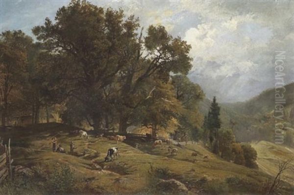 Bayrische Gebirgsalm Mit Weidenden Kuhen Oil Painting by Adolf Thomas