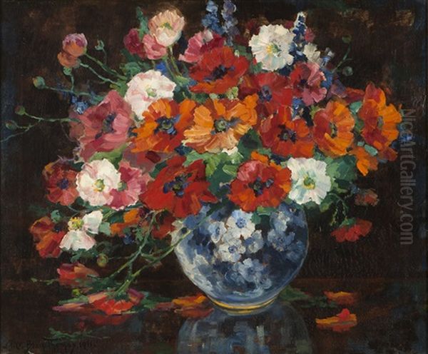 Floral Arrangement In A Blue Vase Oil Painting by Alice Blair Thomas