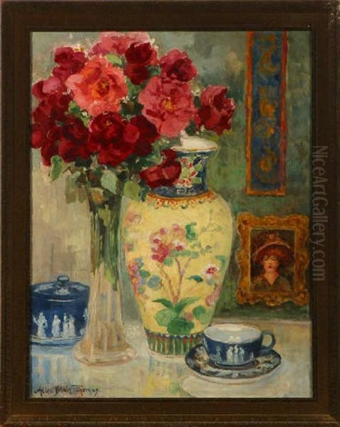 Red Roses, Chinese Vase And Wedgwood Cup And Saucer Oil Painting by Alice Blair Thomas