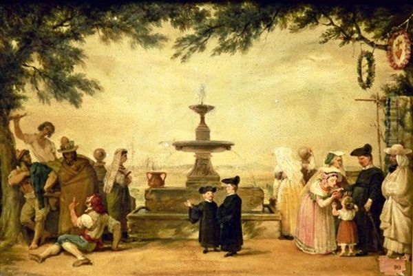 Napolitains Devant Une Fontaine Oil Painting by Antoine Jean Baptiste Thomas