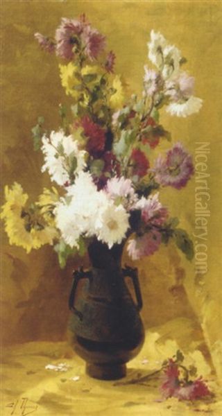 Still Life With Garden Chrysanthemums Oil Painting by Charles Armand Etienne Thomas