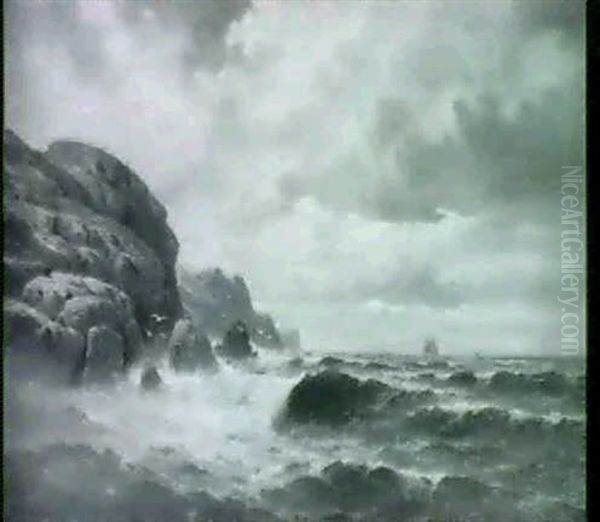 Rough Seas Along A Rocky Coast Oil Painting by Charles Armand Etienne Thomas