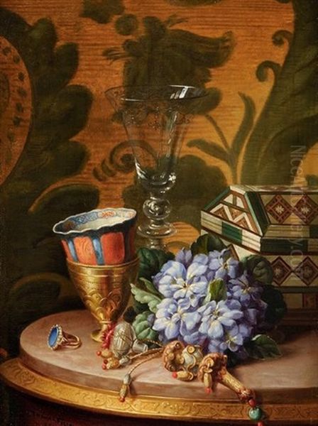 Nature Morte Au Coffret, Au Verre Et Bouquet De Violette Oil Painting by Felix Thomas