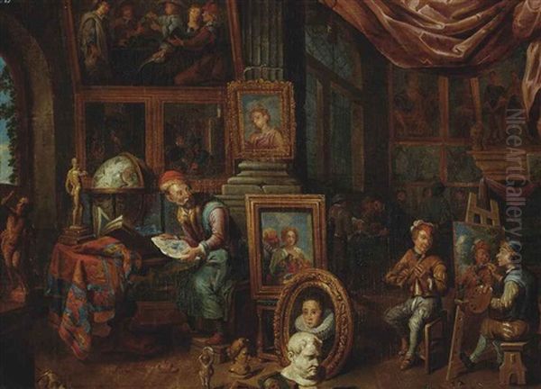 The Artist's Studio, With The Master Holding A Drawing By A Table, A Pupil Portraying A Musician, And Other Pupils In The Background Oil Painting by Gerard Thomas